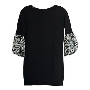 Tracy M. Mixed Media Fitted Silk Tunic Sweater L Animal Print Statement Sleeve